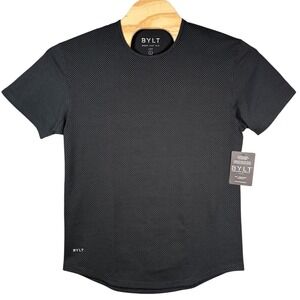 BYLT Drop Cut Lux Shirt Mens Large Black Grey Micro Dot Curved Hem Performance